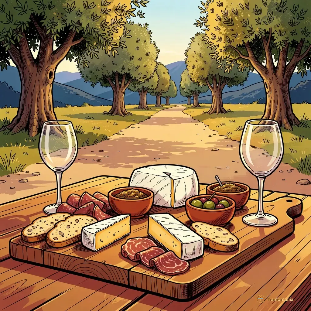 Nino, l'âne de Tramontania — Une planche de bois expose divers fromages locaux, tranches de pain et olives près de deux verres vides devant des oliviers