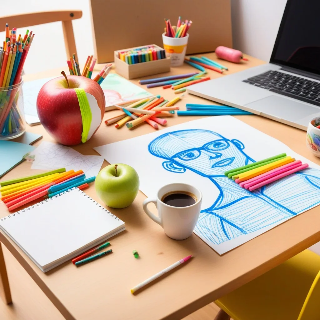 A vibrant, slightly humorous medium shot of a cluttered artist's desk featuring a half-eaten apple, a cup of coffee, and a pile of colorful pastel sticks next to a finished sketch of a human figure, suggesting a relaxed and human atmosphere during the workshop.