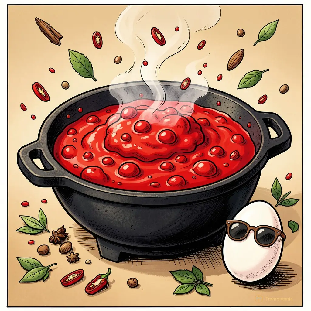 Illustration gourmande style bande dessinée montrant un grand plat en fonte bouillonnant avec des bulles de sauce rouge vif, entouré d’épices flottantes stylisées (grains de piment, feuilles) et d’un œuf qui porte des lunettes de soleil