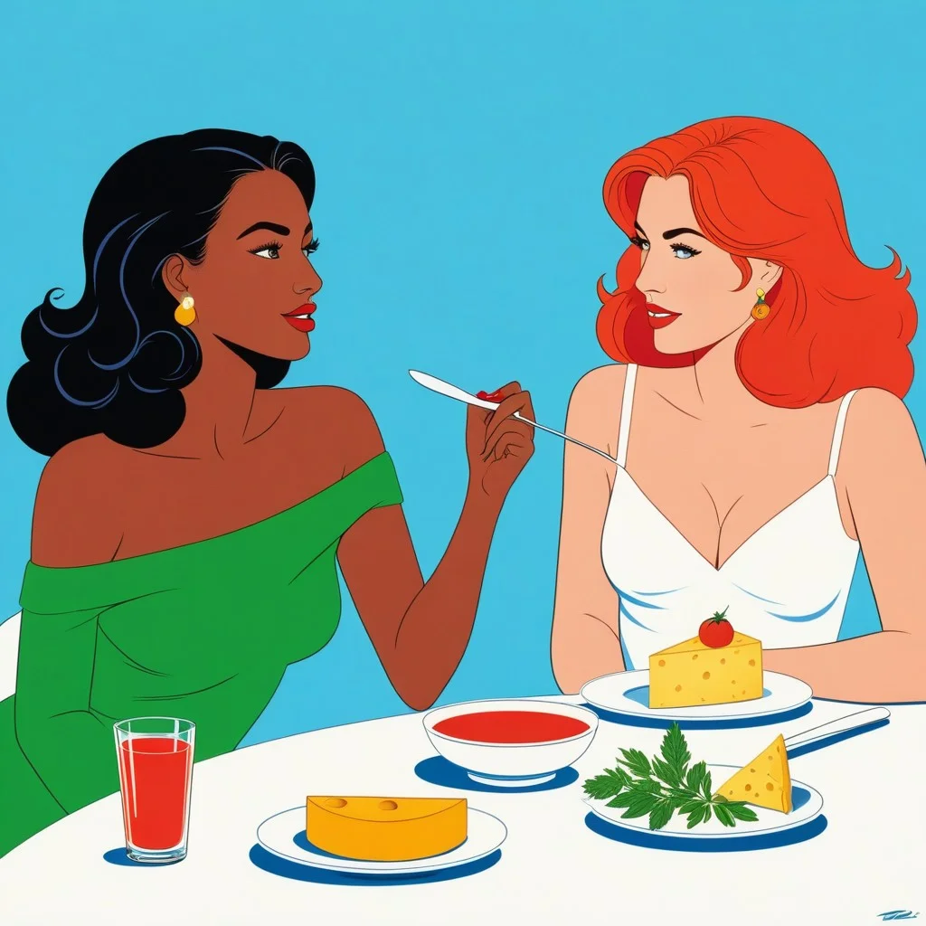 Illustration BD colorée et dynamique. Deux femmes, Irma et Keti, sont assises à une table. L’une tient une cuillère levée, les yeux écarquillés d’émerveillement, tandis que l’autre photographie la scène avec enthousiasme. En arrière-plan, des nuages de vapeur parfumée s’élèvent d’un bol de soupe de fromage. Les couleurs sont vives : le blanc du fromage, le vert des herbes, le rouge des poivrons.