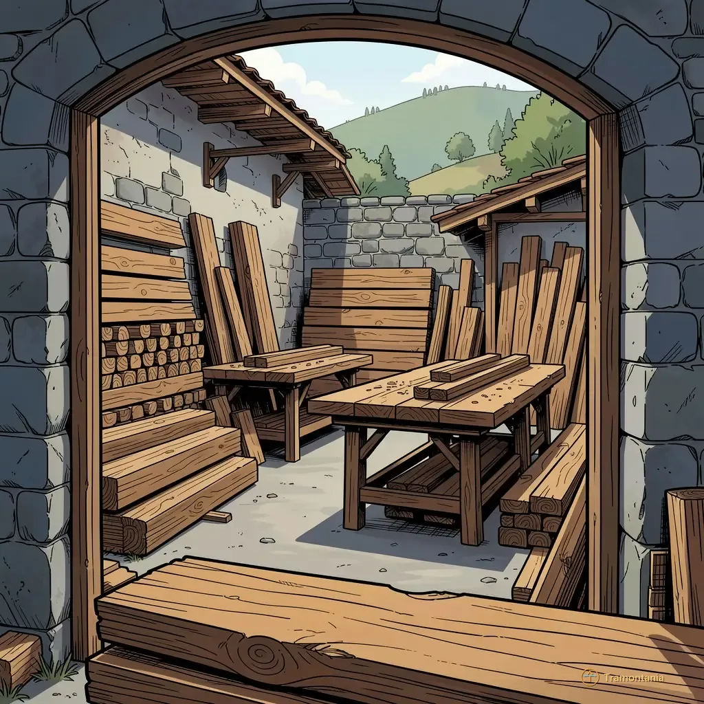 Nino, l'âne de Tramontania — Un atelier traditionnel dans les contreforts montre des grandes tables et bancs faits de bois brut contre des murs de pierre avec du bois non fini sur les surfaces