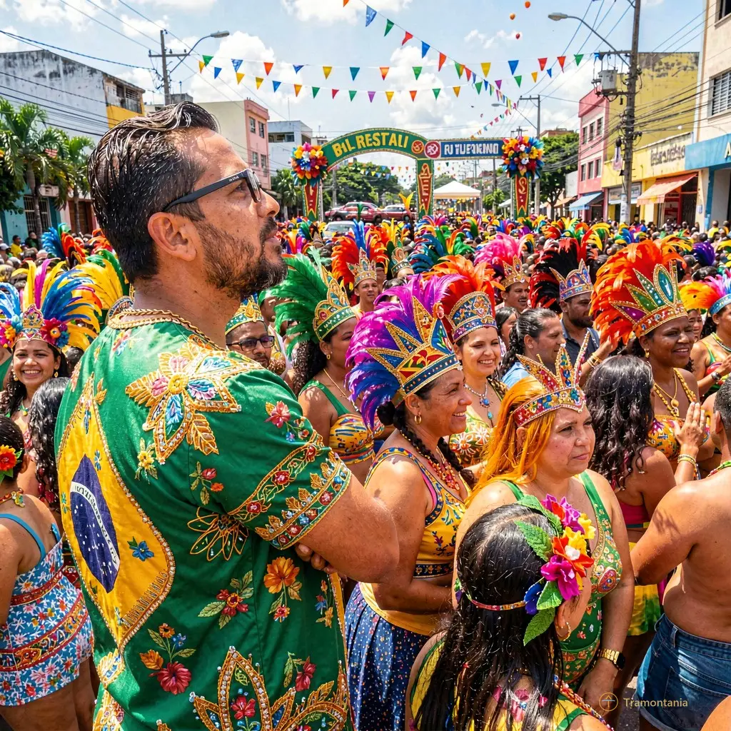 Scène de foule colorée lors du carnaval brésilien, avec un personnage masculin au premier plan regardant vers l'horizon