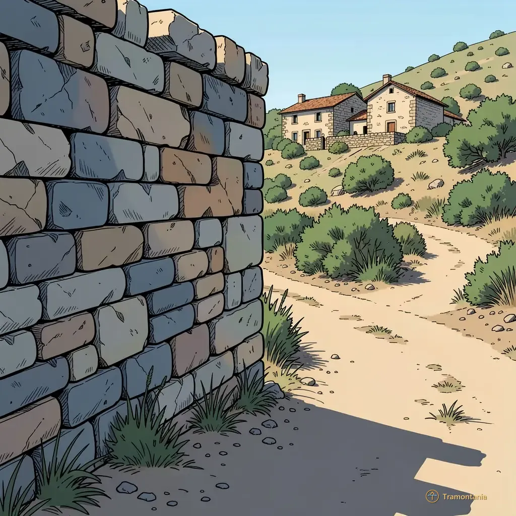 Nino, l'âne de Tramontania — Une allée non pavée s'éloigne au coin d'un mur en pierre près d'un groupe de maisons anciennes