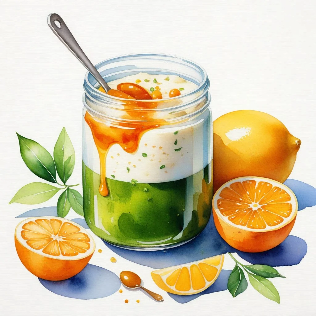 Illustration gourmande style aquarelle montrant les ingrédients disposés artistiquement sur une toile de lin blanc. À gauche, un bloc de tofu frais et des œufs ; au centre, un bocal de sauce de poisson et une cuillère de cacahuète ; à droite, un citron vert coupé en deux, avec des gouttes de jus qui tombent. Le style est léger, coloré, avec des touches de vert, jaune et orange, évoquant la fraîcheur et la vitalité.