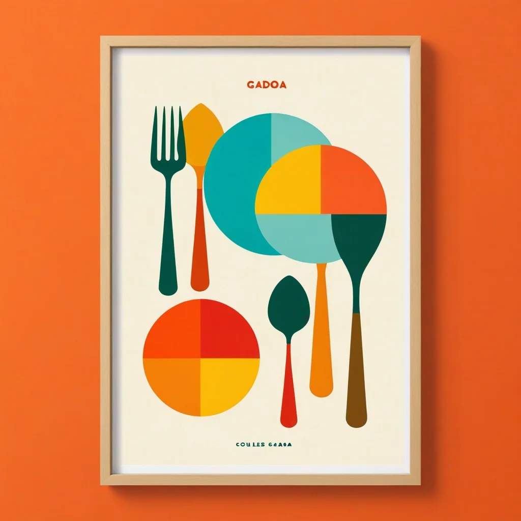 Affiche rétro colorée, style années 60, avec des formes géométriques vibrantes. Au centre, une main tenant une cuillère en bois, trempant dans un bol de gado-gado. Des bulles de dialogue humoristiques disent : "C'est bon !" et "Encore une bouchée !". Les couleurs sont chaudes : orange, jaune, rouge, avec des accents de vert. Le texte "GADO-GADO" est écrit en grandes lettres grasses, légèrement inclinées, avec un effet de relief.