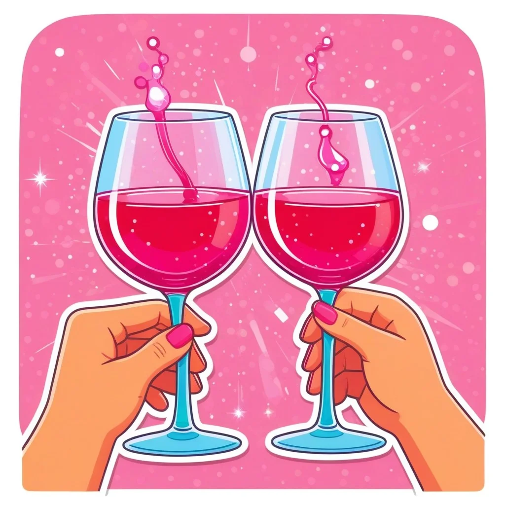 A close-up, sticker-style illustration of two hands clinking small, colorful wine glasses filled with bright, translucent pink and red liquids. The glasses are surrounded by playful, abstract shapes and sparkles, emphasizing a toast and celebration without showing full faces.