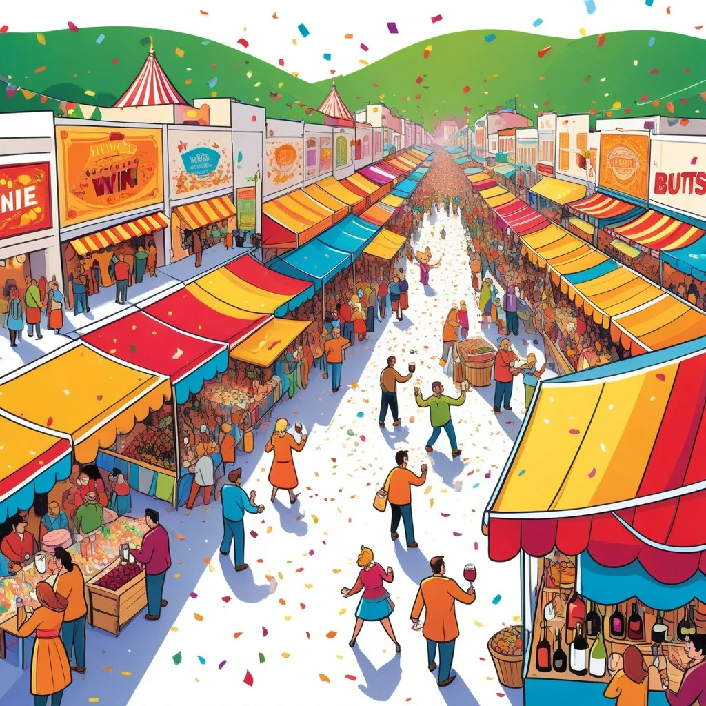 A wide-angle, colorful comic illustration of a bustling street festival scene. Stalls are covered in bright awnings, and the ground is scattered with festive confetti and abstract representations of wine bottles. The atmosphere is lively and joyful, with dynamic motion lines and a warm, inviting color palette.