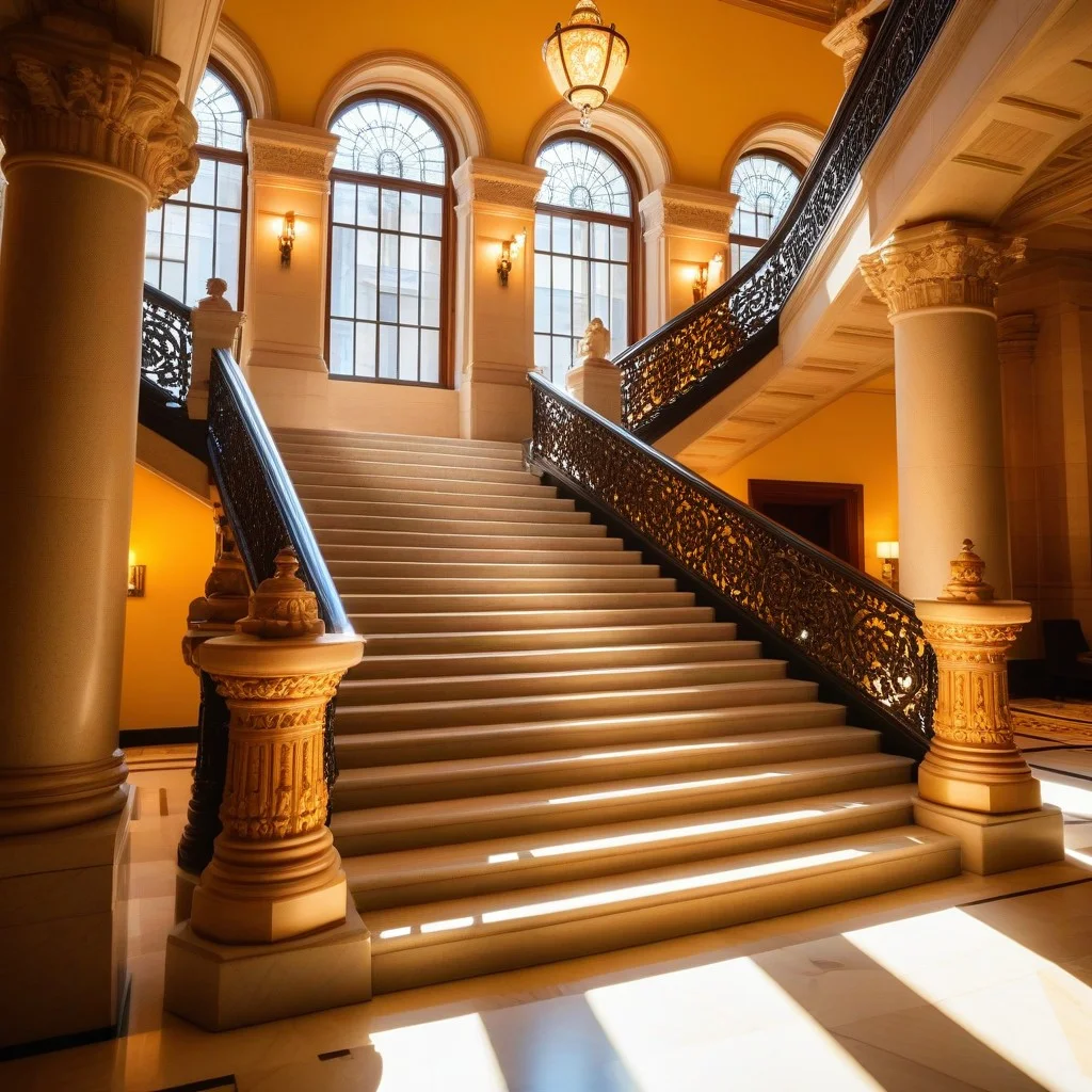 Close-up view of a grand, ornate stone staircase in a historic hotel lobby, dramatic lighting highlighting the texture of the stone and intricate carvings, a few blurred figures walking up the stairs creating a sense of motion, warm golden hour light streaming through tall windows, luxurious yet energetic vibe.