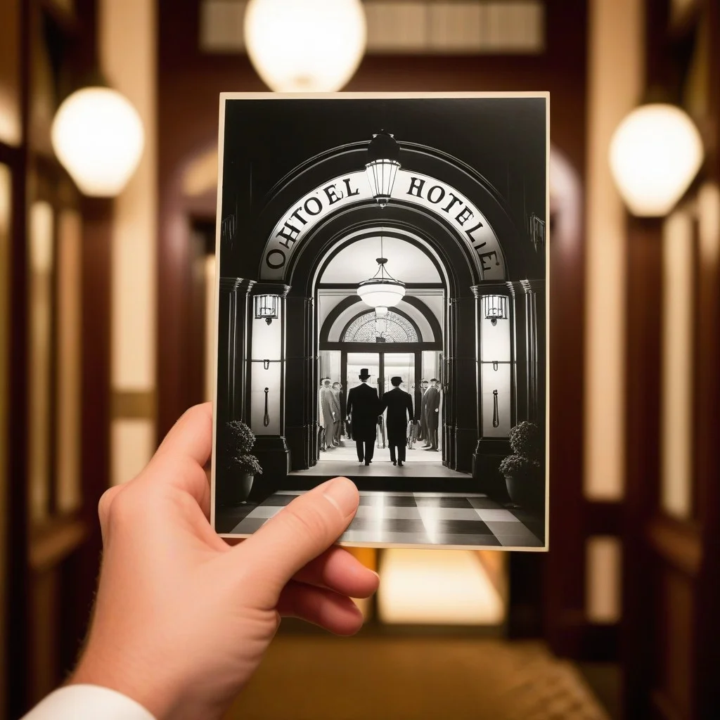 Detail shot of a vintage black and white photograph being held up by a hand, the photo showing a bustling 1920s hotel entrance, overlaid with subtle, colorful digital light effects suggesting a connection between past and present, shallow depth of field, artistic and engaging composition.