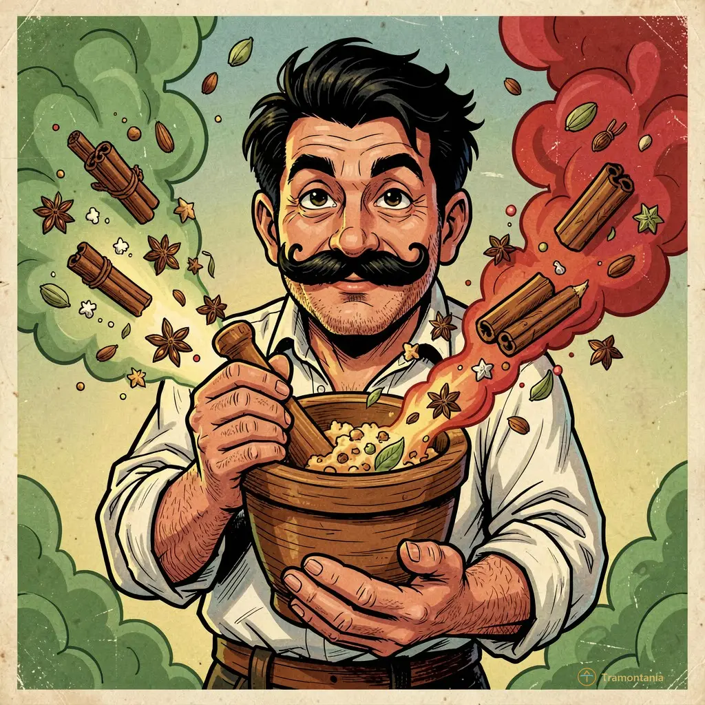 Illustration style bande dessinée rétro colorée : un personnage caricatural avec une moustache fournie tenant fièrement un mortier en bois, entouré d’épices qui s’envolent comme des nuages magiques verts et rouges