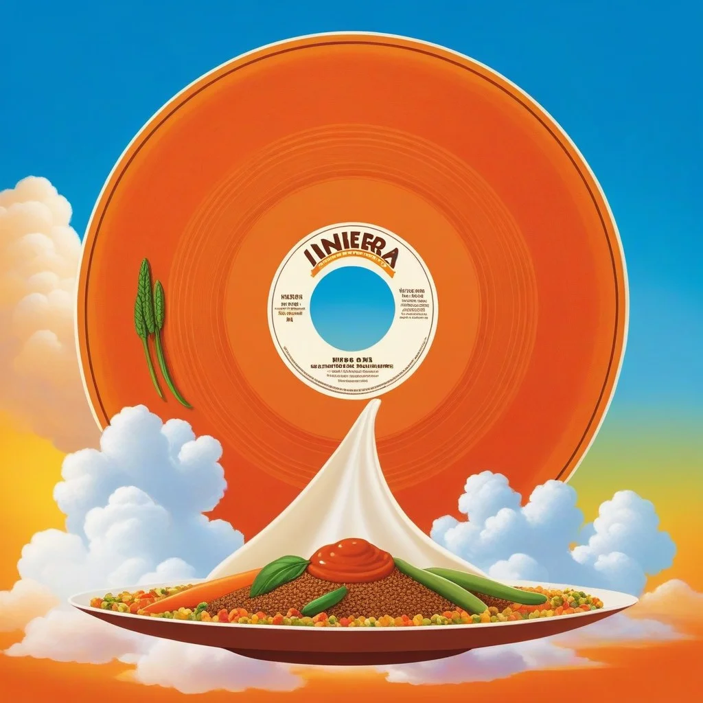 Affiche rétro colorée des années 70 : une main éthiopienne tendue vers un grand disque d’injera flottant dans un ciel orangé. Autour : des légumes stylisés, des épices qui dansent en forme de nuages, et au bas : « L’injera : le premier réseau social. Partagez la sauce, pas les likes. »