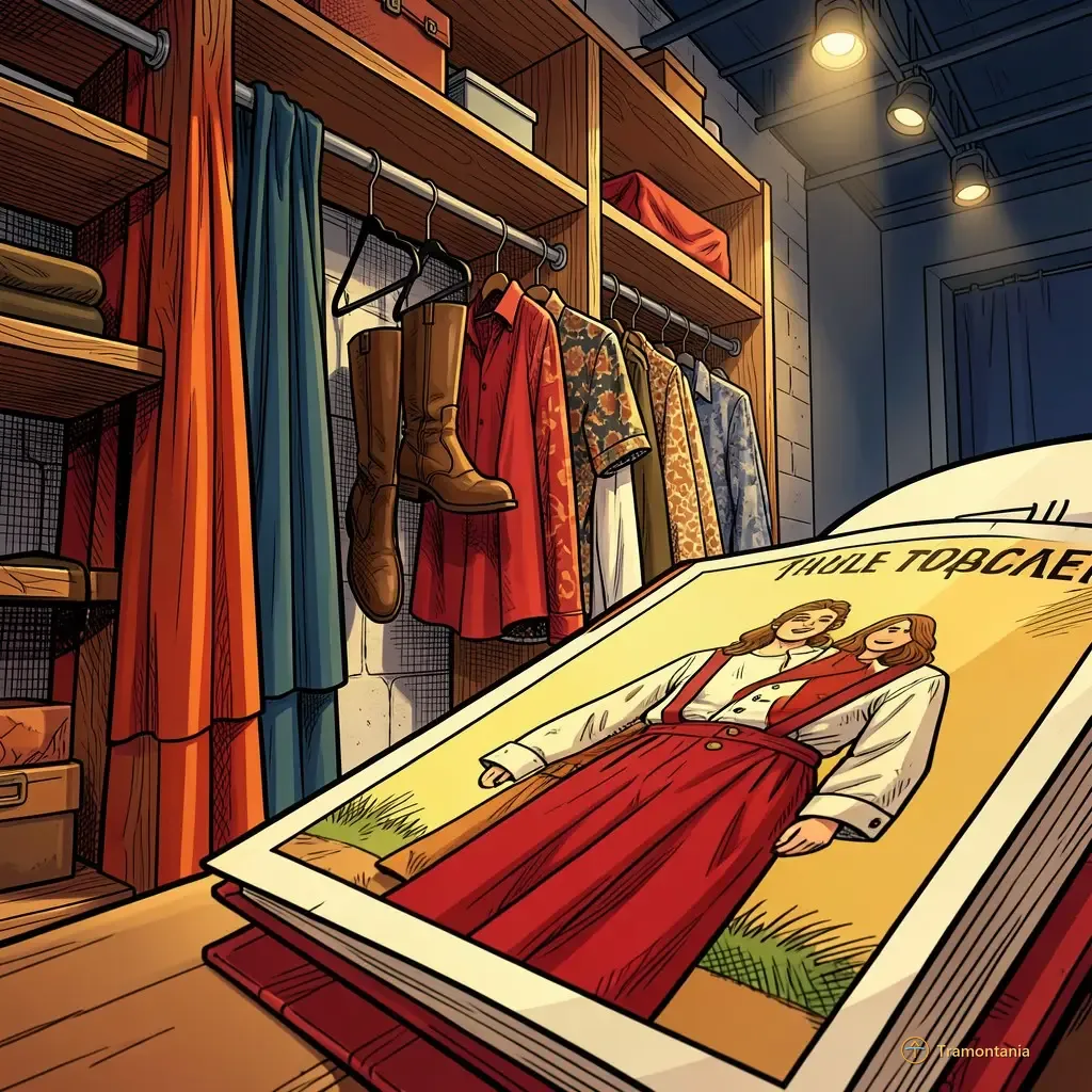 A detailed, low-angle shot focusing on a rack of theatrical costumes and props backstage in a modern theater setting. The materials visible are rough wood shelving, draped fabric (velvet or thick linen), metal hooks, and several distinct pieces of clothing hanging up—a pair of boots, a patterned shirt, etc.—all lit by artificial stage lighting against an exposed wall surface. 2D comic book illustration, bold black ink outlines, cel shading, flat saturated colours, dense linework with hatching, richly detailed scene, warm southern light, gold and yellow and red in the foreground with deep blue in the scenery, one large detailed element in the immediate foreground, joyful and inviting, never gloomy and never muted.