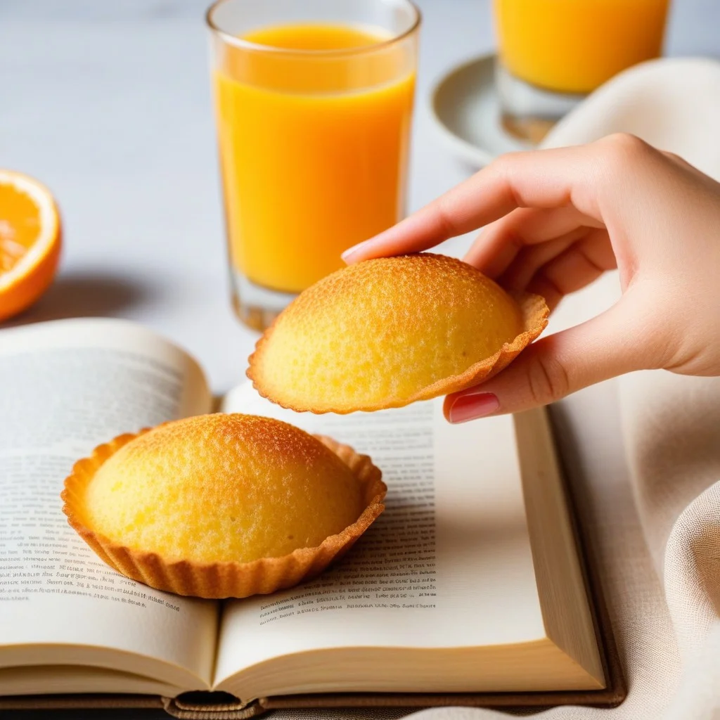 Close-up detail of a hand holding a small, golden homemade madeleine with visible crumb texture, resting on a linen napkin beside a glass of fresh orange juice and an open book titled 'Miscellanées culinaires'.