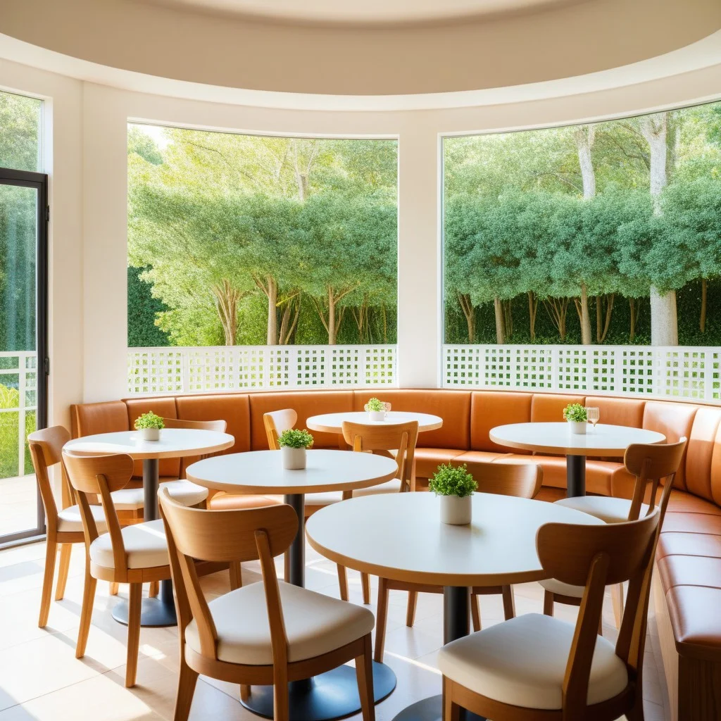 Mid-shot of a cozy hemicircle seating arrangement with wooden chairs facing a central counter, decorated with simple ceramic plates and silverware, bathed in soft natural light from large windows overlooking greenery outside.
