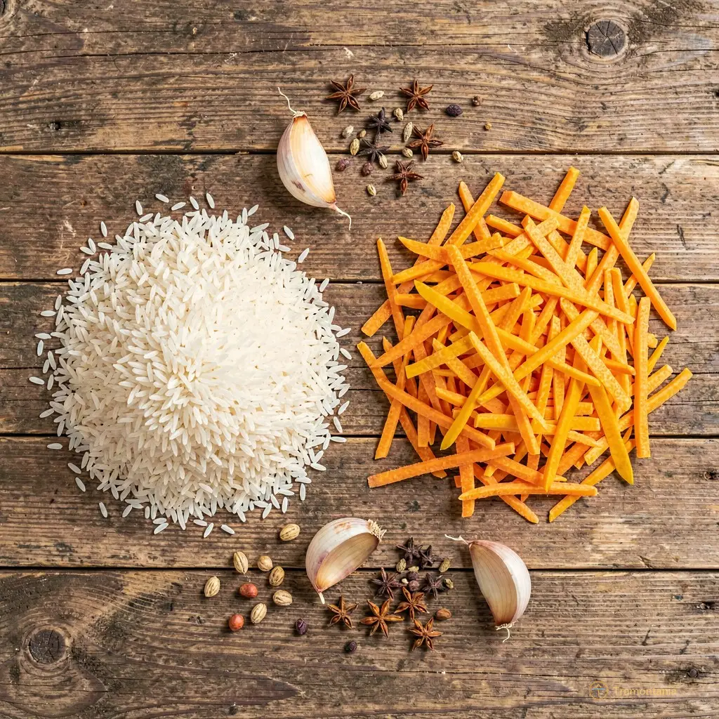 Composition en plat de vue (flat lay) sur une table en bois rustique : un tas de riz cru blanc et perlé à côté d'une montagne de carottes râpées ou coupées en julienne jaune vif, avec quelques gousses d'ail entières et des épices dispersées