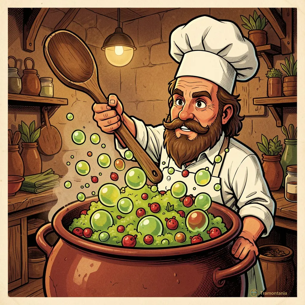 Illustration stylisée type bande dessinée rétro colorée montrant un personnage barbu portant une toque de chef tenant fièrement une grande cuillère en bois au-dessus d'une marmite géante qui émet des bulles vertes et rouges représentant les épices