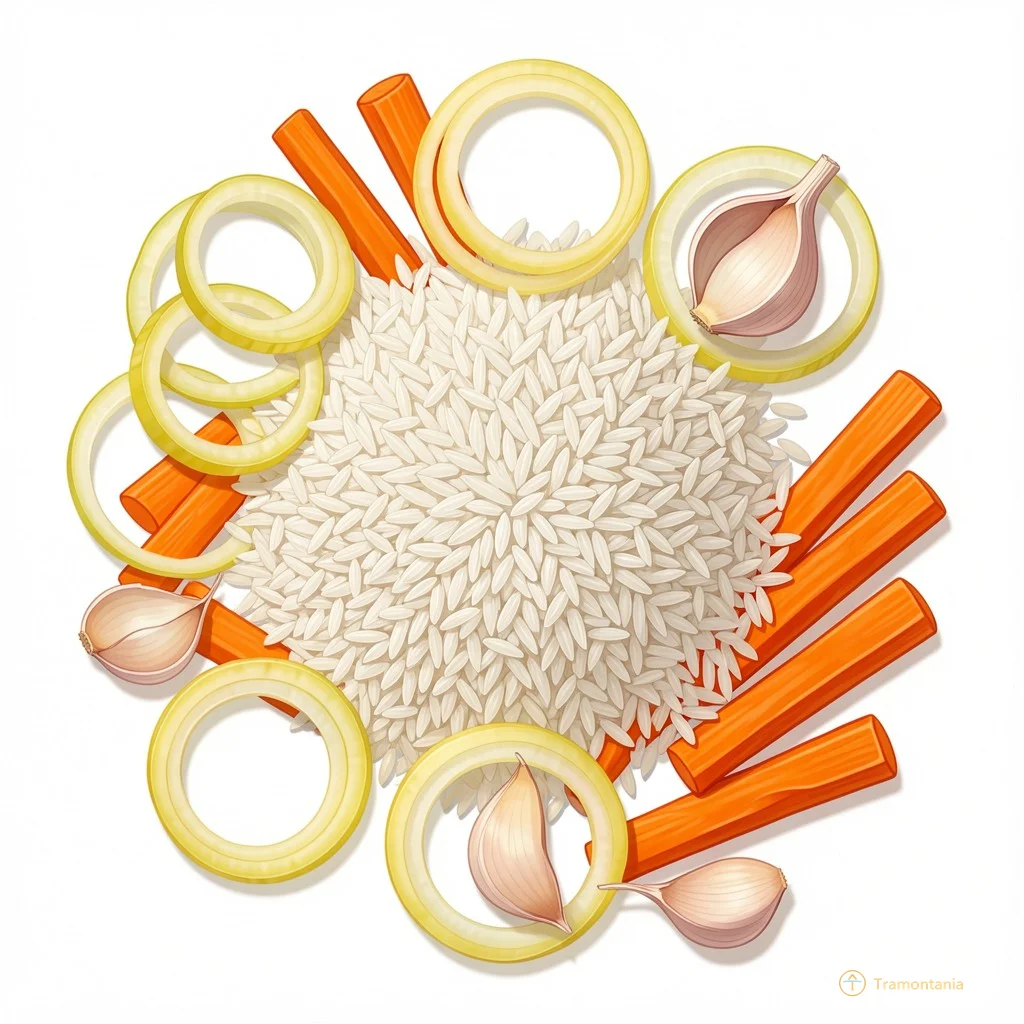 Illustration gourmande et stylisée d'une composition « flat lay » : un tas de grains de riz Basmati blancs comme neige au centre, entourés de rondelles d'oignon jaune translucides, de bâtonnets de carottes orange vif, et de quelques gousses d'ail entières avec leur peau parcheminée