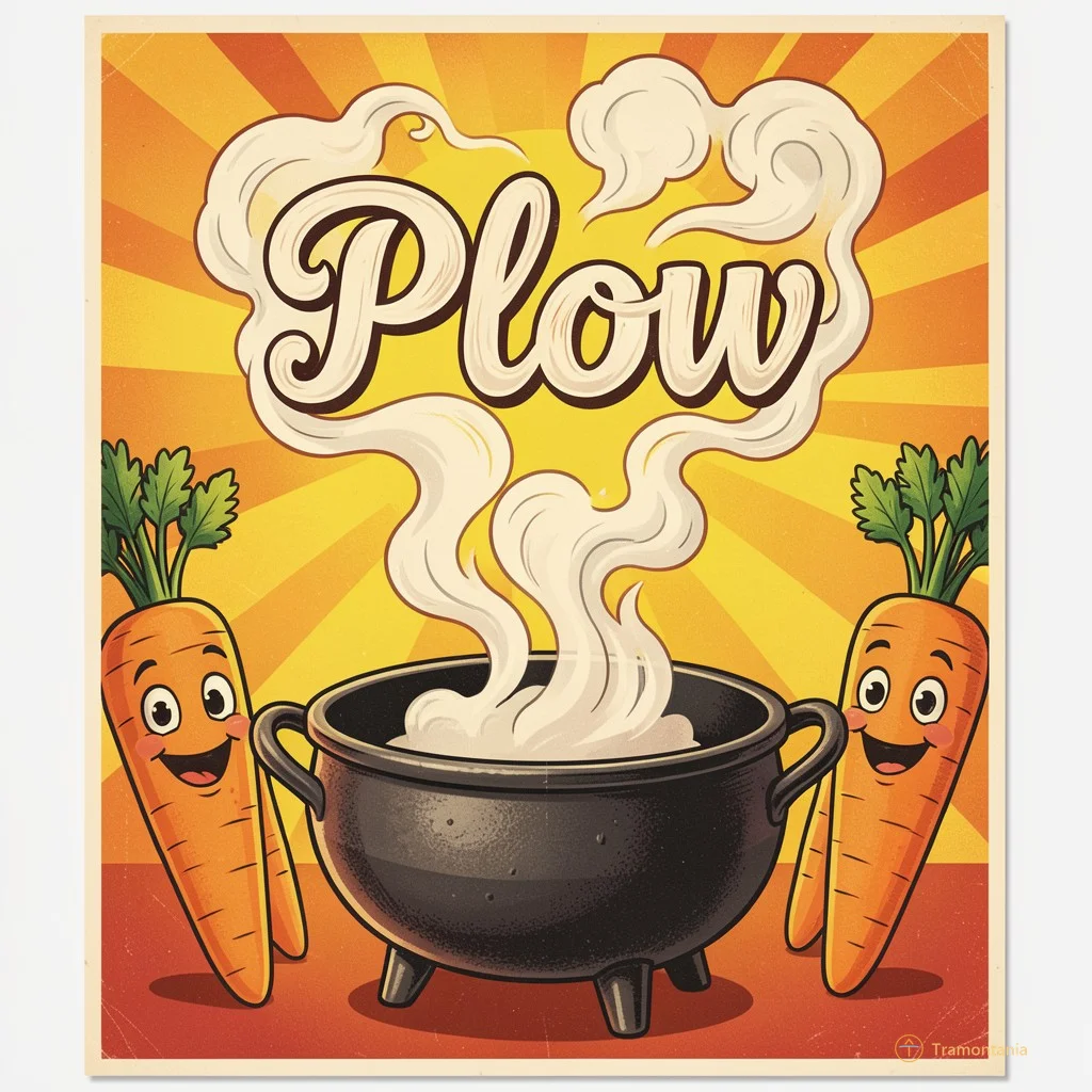 Affiche rétro colorée style années 1970 montrant une marmite en fonte d'où s'échappent des volutes de vapeur stylisées formant le mot 'Plov', avec un soleil jaune vif et des carottes géantes souriantes sur les côtés