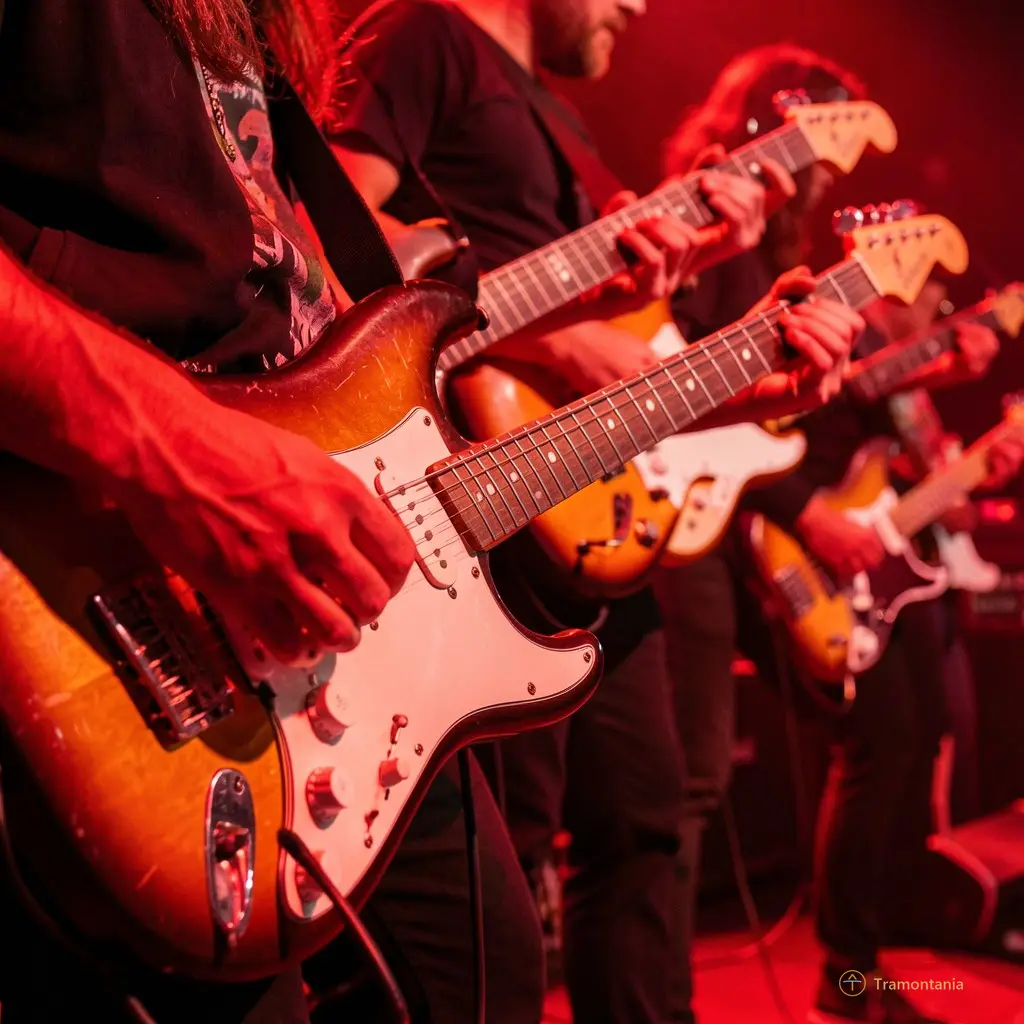 Gros plan sur les guitares électriques des musiciens, jeux de lumière rouge vif et ombres portées