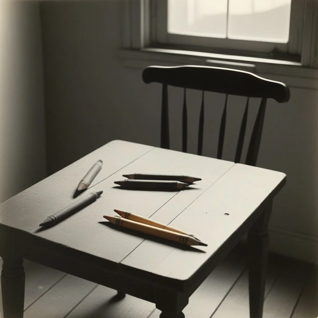 Un vieux crayon noir, usé jusqu’à la chair du bois, posé sur une table en chêne clair. Des éclats de mine noire autour, comme des fragments d’ombre tombés du ciel. Une trace de doigt sur le bois, encore humide.