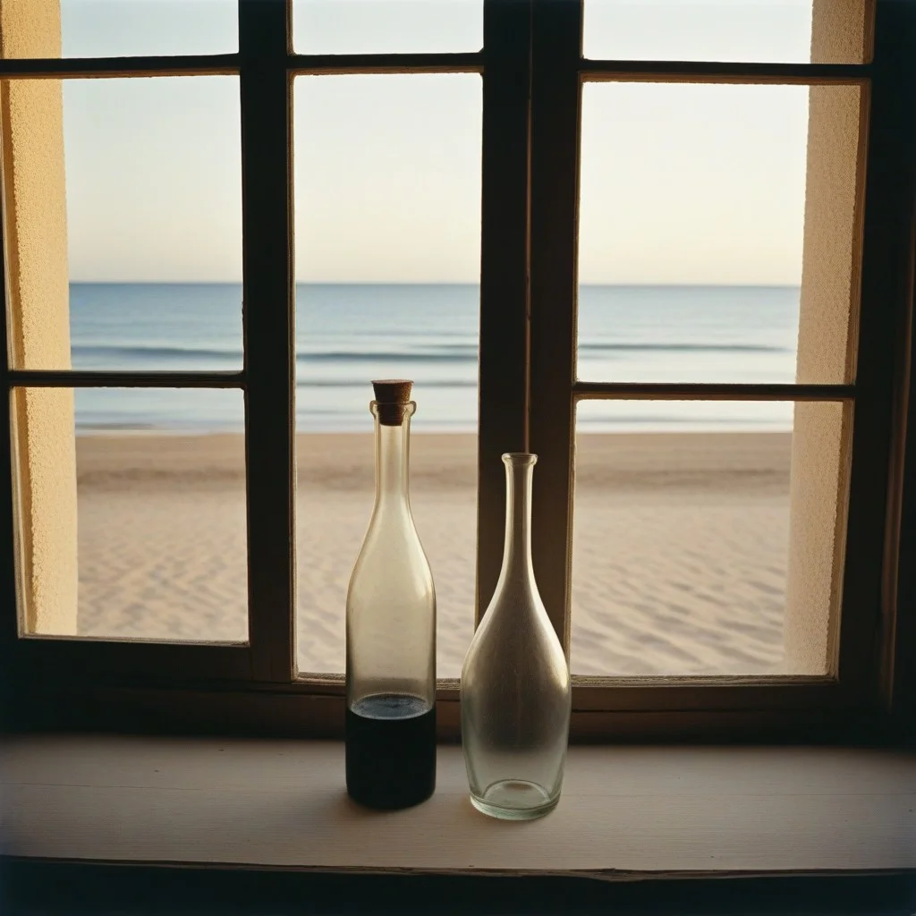 Une bouteille en verre opaque, vide, posée sur un rebord de fenêtre. À l’intérieur, quelques grains de sable noir, comme ceux des plages du Roussillon, coincés entre deux traces de doigts. La lumière du soir y danse doucement.
