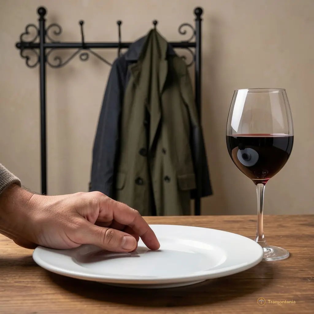 Une main posée sur une assiette vide, près d’un verre encore rempli de vin rouge. À l’arrière-plan, un manteau suspendu à un portemanteau en fer forgé.