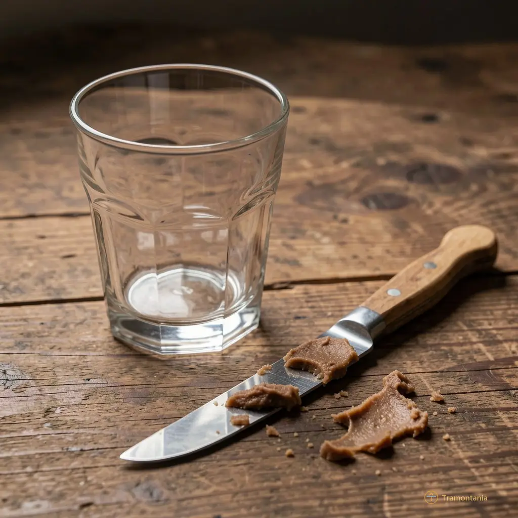Un verre vide sur une table en bois, à côté d’un couteau posé doucement — encore taché de pâté. La lumière est presque partie.