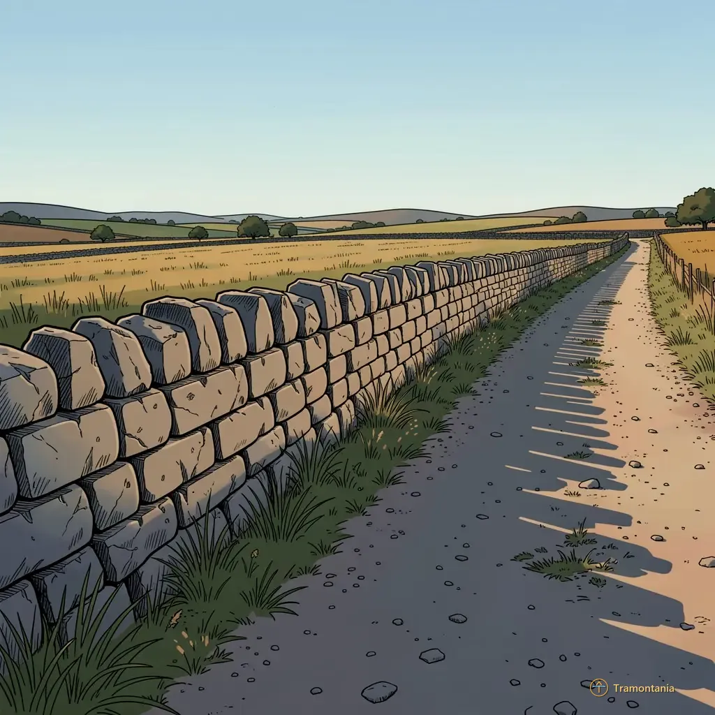 Nino, l'âne de Tramontania — Un mur en pierre sèche longe une route rurale non pavée dans la campagne de Coustouges
