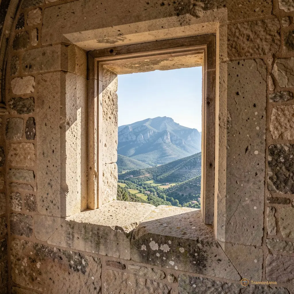 Détail d'une meurtrière du château encadrant une vue lointaine sur le massif des Albères