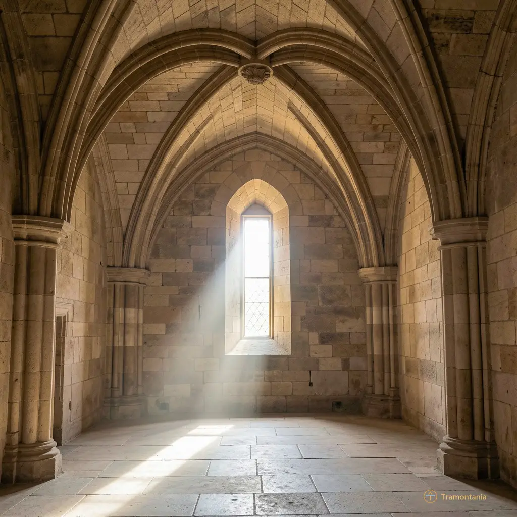 Intérieur d'une salle voûtée du château avec un faisceau lumineux traversant une fenêtre étroite