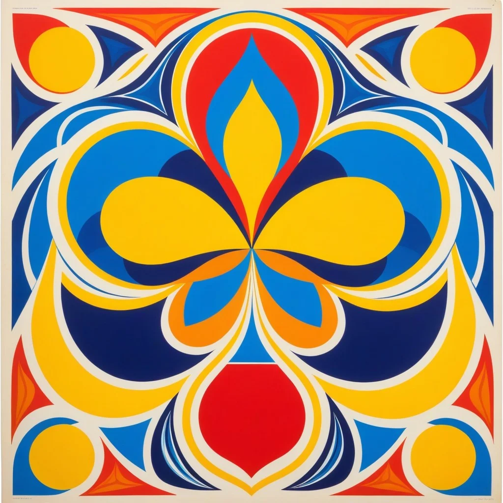 Affiche rétro colorée, style années 50, avec des formes géométriques audacieuses. Au centre, un marteau de tailleur de pierre stylisé en forme de fleur de lys catalane, entouré de rayons de soleil jaunes et d'oiseaux stylisés. Le texte en lettrage manuscrit dynamique dit : "L'Art de la Pierre, Le Souffle du Vent". Les couleurs sont vives : rouge vif, jaune soleil, bleu profond, créant une atmosphère joyeuse et énergique.