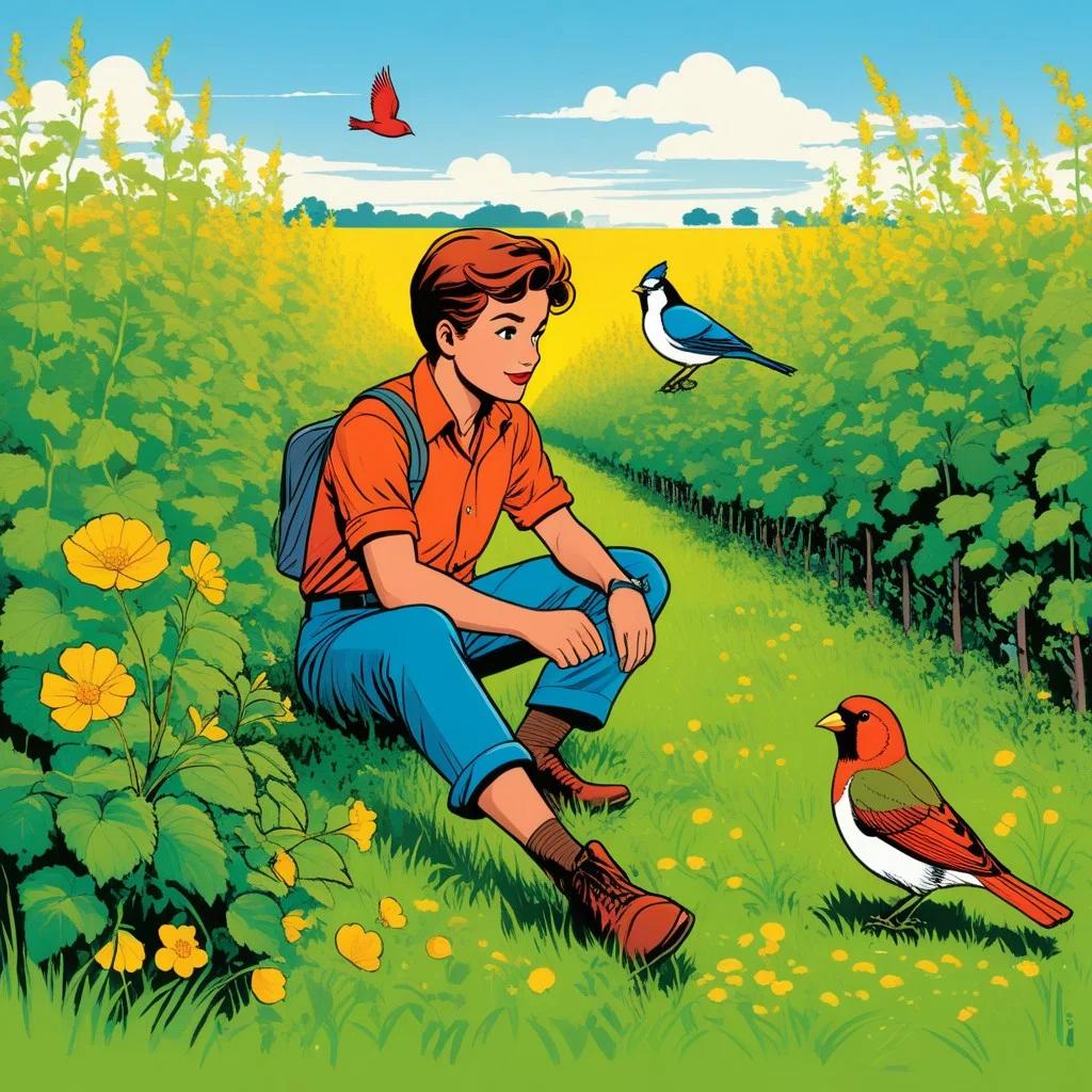 Illustration BD style rétro, colorée et joyeuse. Un personnage (Jordi) est accroupi dans l'herbe, jumelles à l'œil, observant avec une expression d'émerveillement un oiseau coloré qui vole juste au-dessus de sa tête. En arrière-plan, on voit les toits d'Estagel et des vignes stylisées. Une bulle de pensée montre l'oiseau en gros plan, détaillé avec précision.