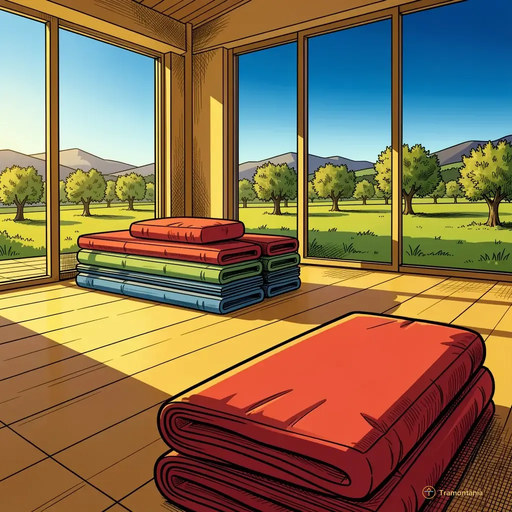 Une grande salle intérieure montre des tapis et coussins de yoga empilés près d'une zone ouverte avec vue sur les champs pyrénéens