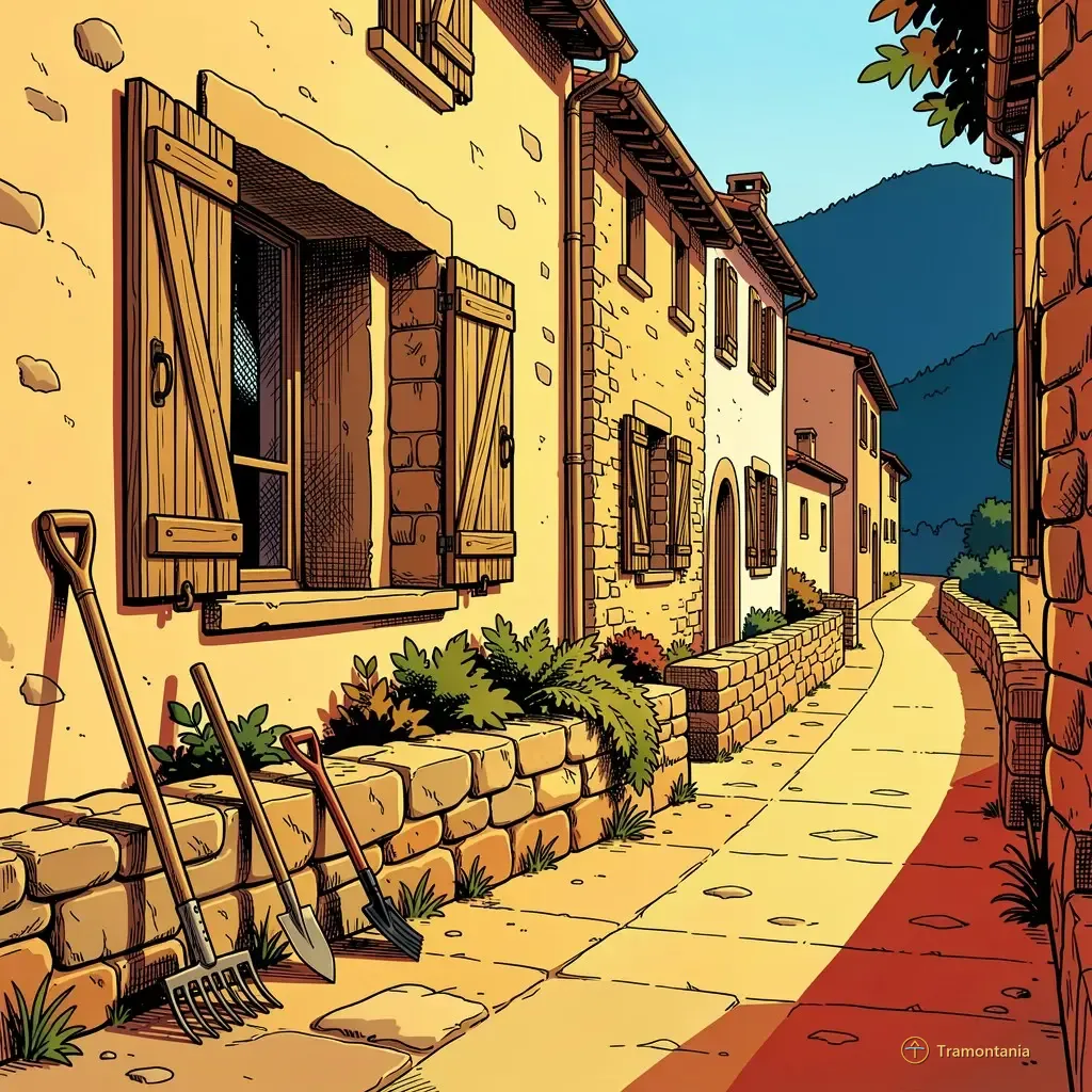 Une rue étroite sinueuse près de Le Soler présente des volets en bois brut et une maçonnerie naturelle sur les façades, avec quelques outils agricoles appuyés contre un mur bas