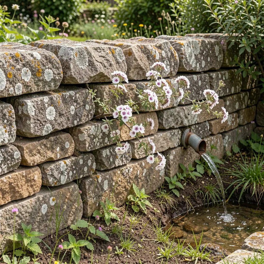 Plan rapproché d’un mur de pierre sèche dans un jardin privé du quartier des Vignes. La structure est composée de blocs calcaires empilés sans mortier, les plus anciens recouverts d’une croûte grise et craquelée. Une branche de ciste en fleur pousse entre deux pierres, ses pétales blancs tachetés de pourpre. Un filet d’eau coule doucement depuis un tuyau enterré à côté du mur, inondant une petite zone de terre humide où poussent des orties et quelques fleurs sauvages.