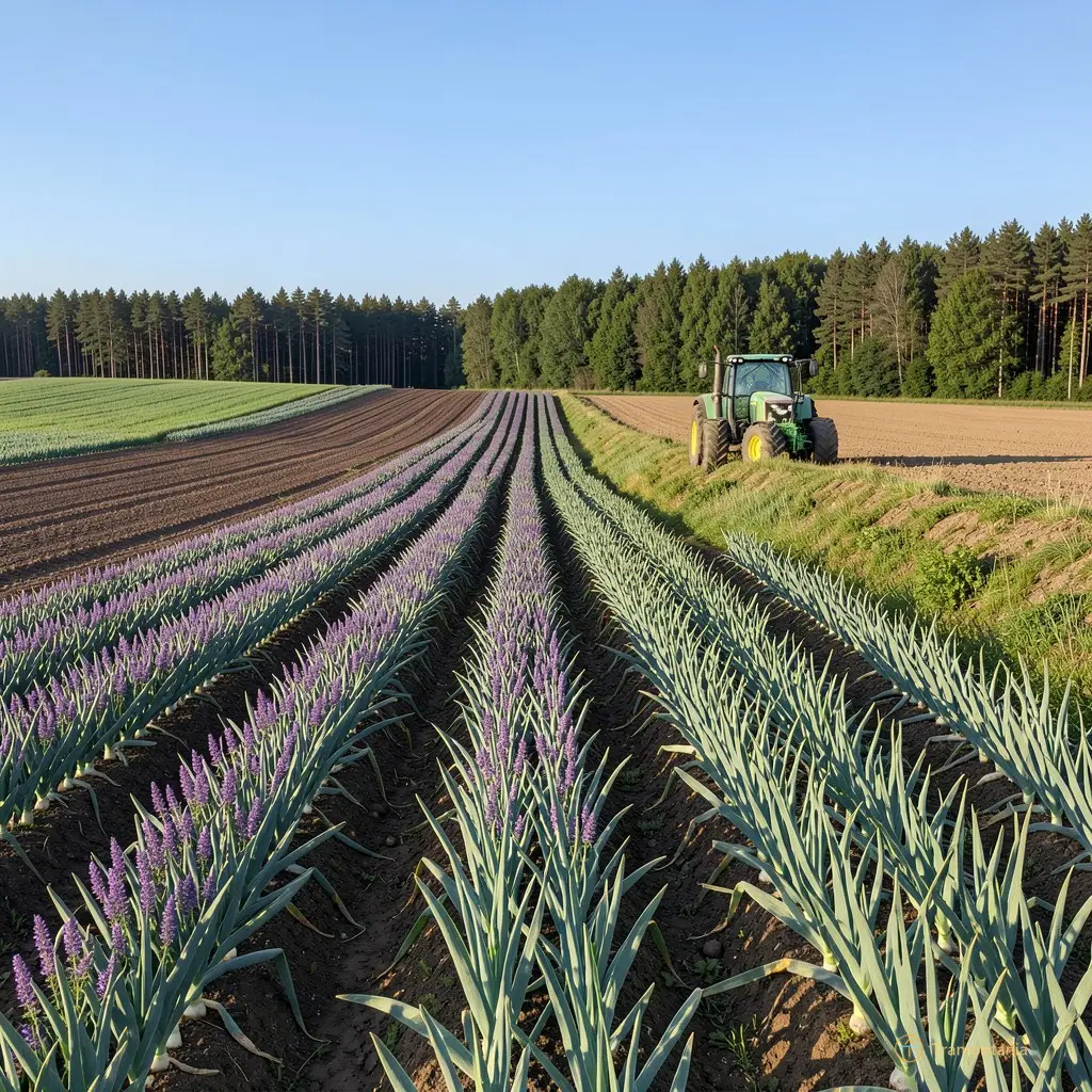 Vue en contre-plongée d’un champ de légumes à l’extrémité ouest du Soler. Les rangées de carottes violettes et de poireaux se déroulent sur une pente douce jusqu’à la limite forestière. Le ciel est bleu clair, sans nuage. Un tracteur stationne au bout du champ, sa roue avant posée sur un talus herbeux. Aucun travailleur n’est visible. Les ombres des plantes sont nettes et longues sous la lumière oblique de fin d’après-midi.