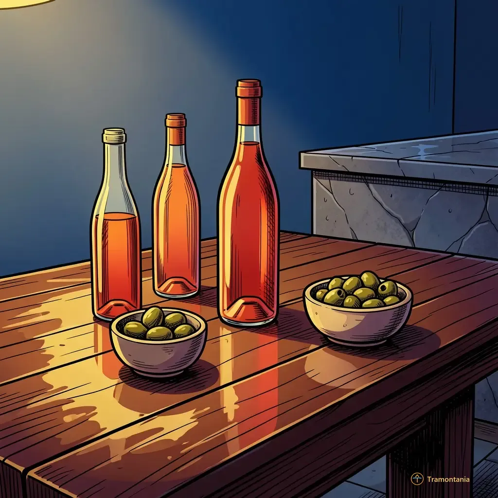Nino, l'âne de Tramontania — Une table en bois sombre est dressée pour une réception avec trois bouteilles de rosé local et deux bols d'olives