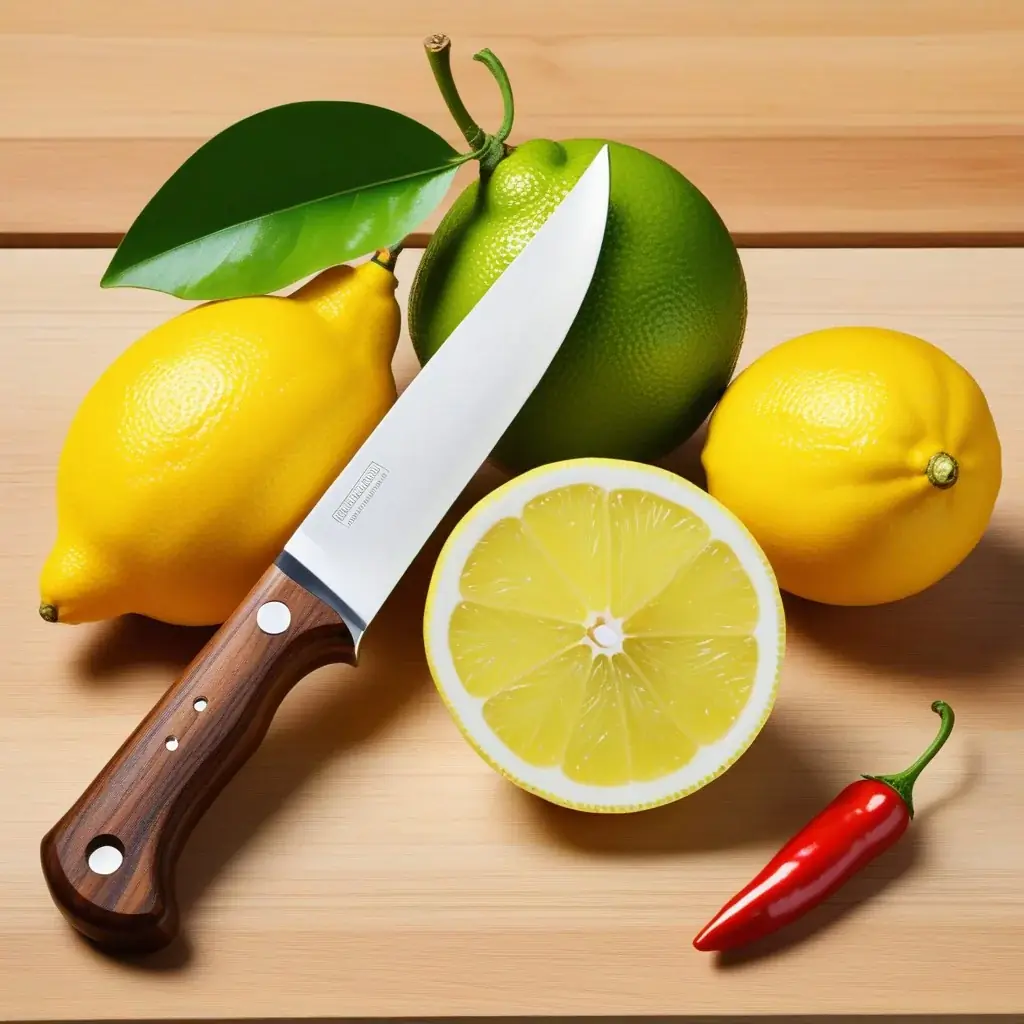 Illustration style BD colorée : Un couteau rustique à manche en bois (celui d'Irène) tranchant un citron vert avec exagération, des gouttes de jus volant comme des projectiles, tandis qu'un petit piment rouge regarde la scène avec une expression terrifiée mais respectueuse