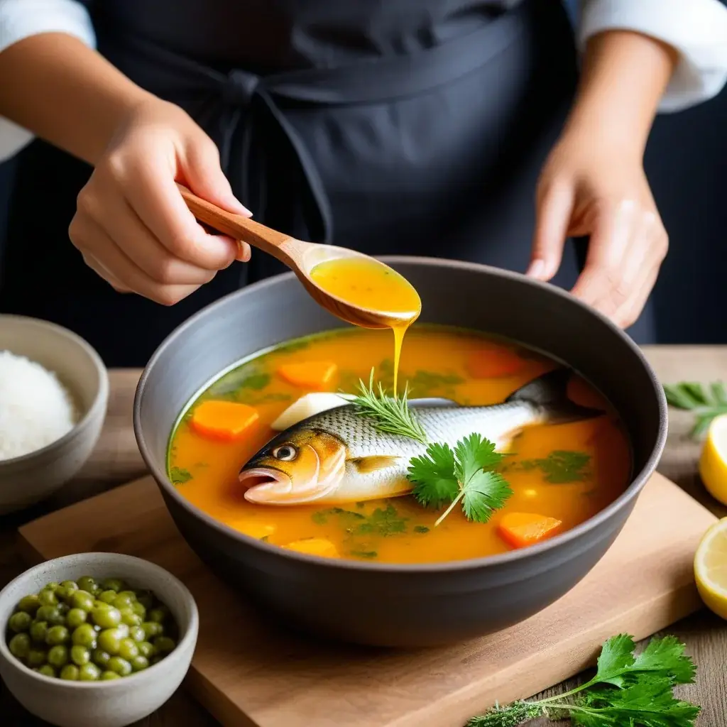 Photo culinaire "lifestyle" : Une main féminine tenant une louche en bois, versant le bouillon clair sur un poisson entier cuit dans un bol en terre cuite rustique. En arrière-plan flou, des feuilles de melinjo (daun kemangi) fraîches et brillantes attendent d'être ajoutées
