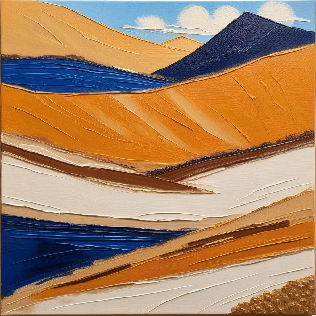 A close-up view of a textured canvas in a gallery setting, depicting an abstract landscape with warm ochre and deep blue tones reminiscent of the Pyrenean landscape. The brushstrokes are visible and tactile, catching the light from a nearby window. In the blurred background, a subtle hint of a street art piece with bold lines adds a modern contrast, creating a dialogue between traditional and contemporary art forms.