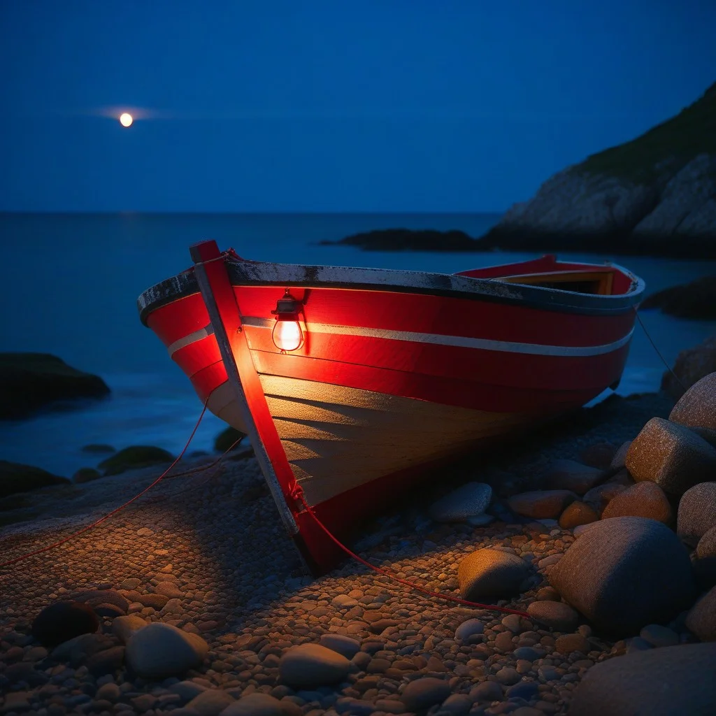 A close-up detail shot of a weathered wooden fishing boat hull resting on a rocky shore, with a single red lantern glowing softly in the dark, evoking the intimate and passionate atmosphere of the film's setting, captured with a cinematic depth of field.