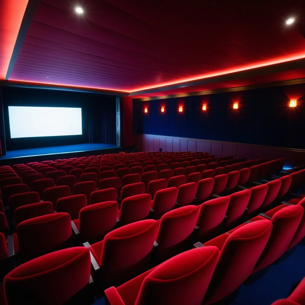 A wide shot of a cozy, dimly lit cinema hall with rows of empty red velvet seats facing a glowing screen, where the silhouette of a lone figure is visible, suggesting anticipation and the intimate scale of a local film club screening.