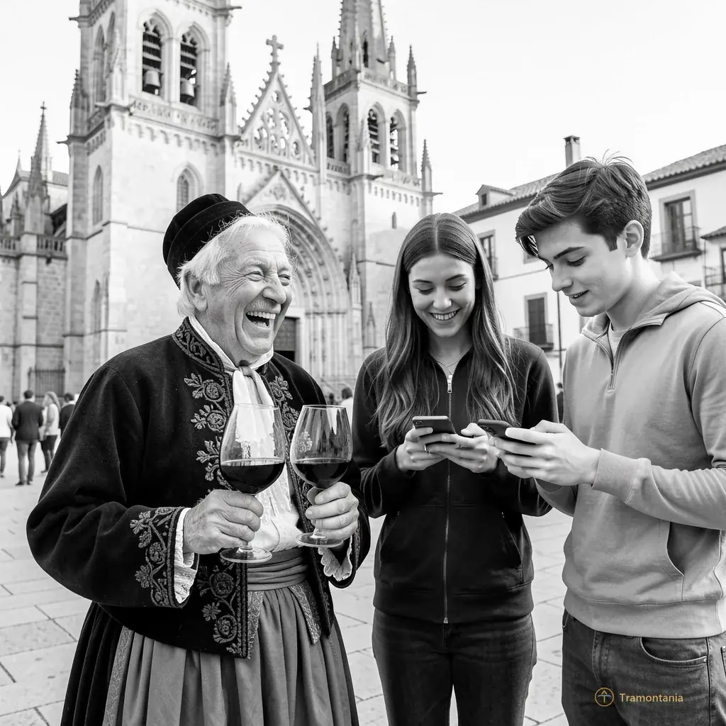 A candid black and white photograph of an elderly man in traditional Catalan attire laughing while holding two glasses of new wine, standing next to a modern young couple checking their smartphones near the Cathedral of Saint John