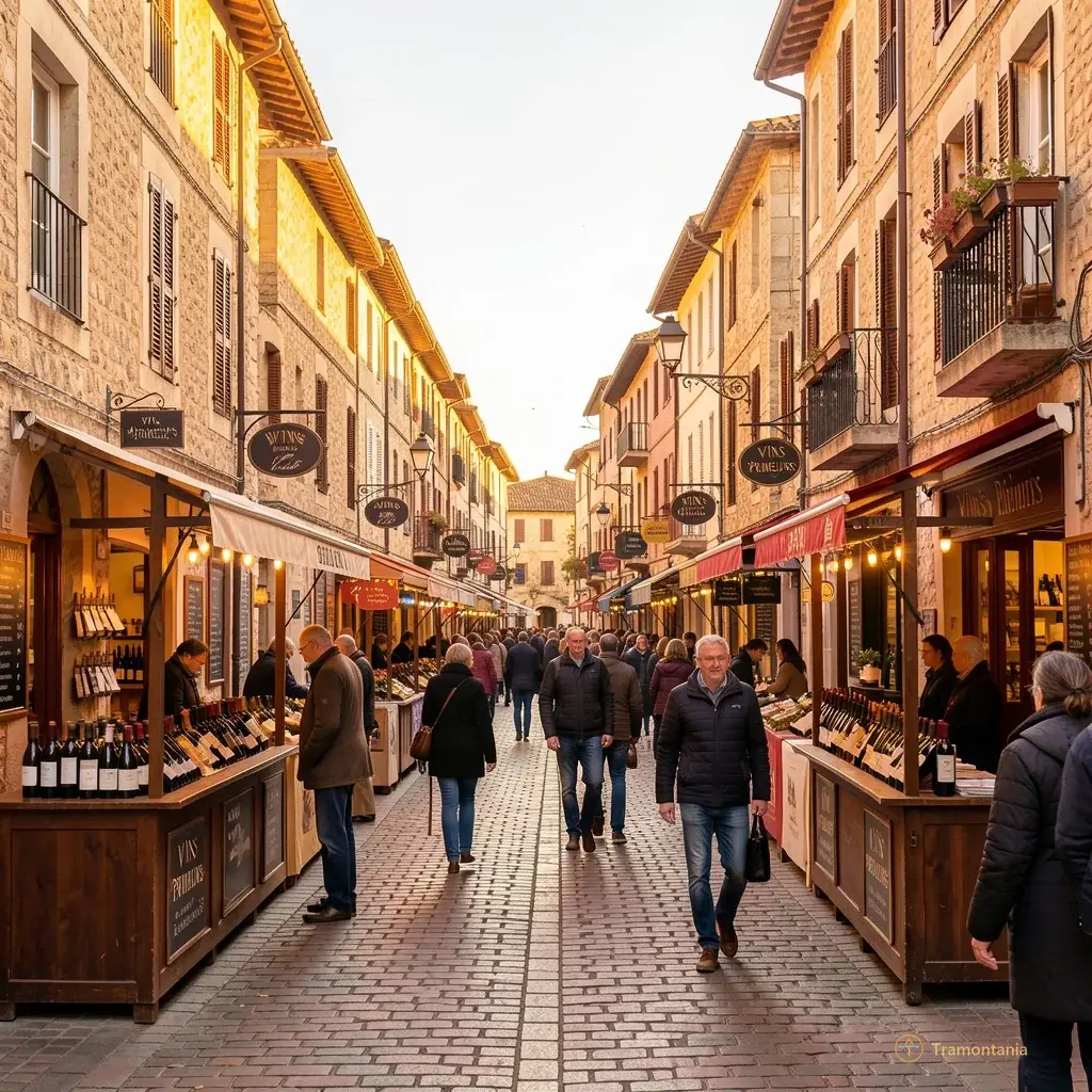 A wide-angle view of the bustling street scene in Perpignan's old town during late afternoon, with people walking between small wine stalls and shops displaying signs for 'Vins Primeurs', bathed in golden autumn light