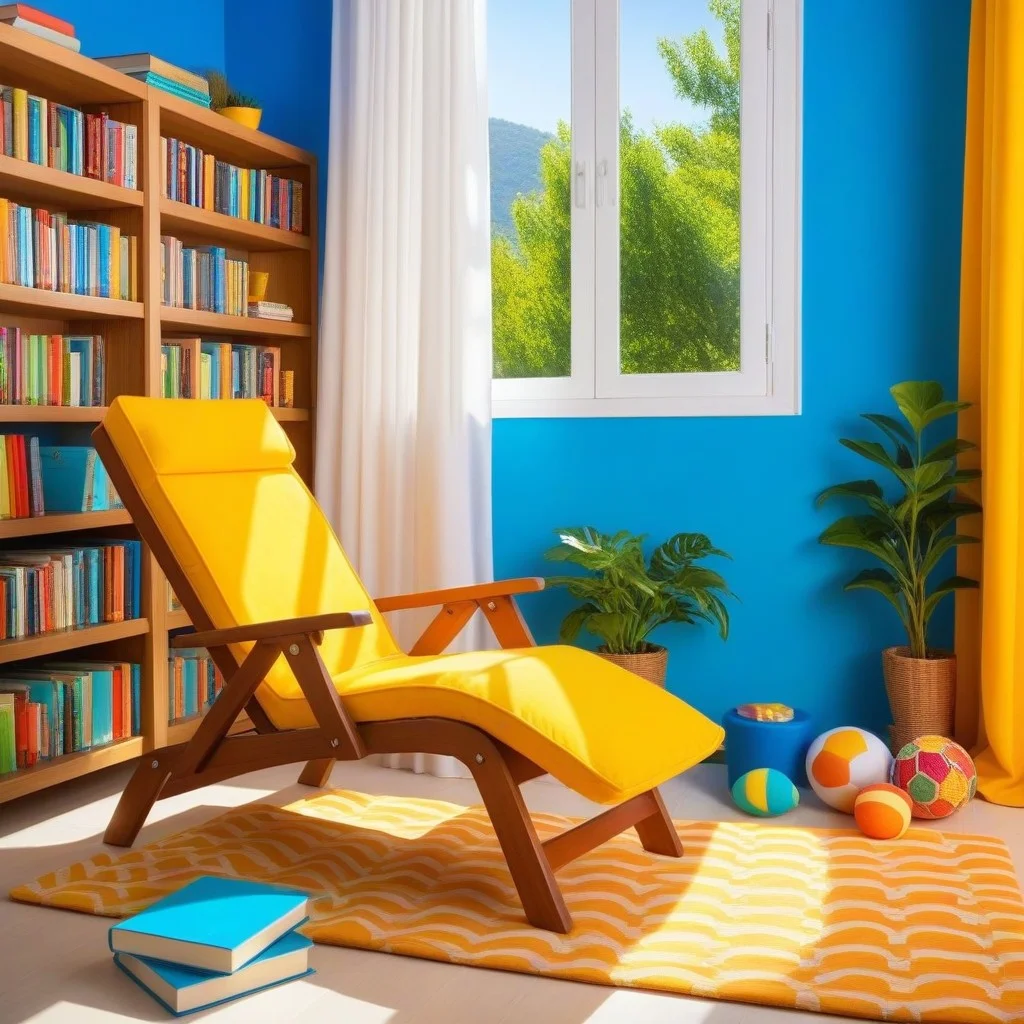 Un coin de bibliothèque lumineux, avec des étagères basses remplies d’albums marins. Une chaise en bois est occupée par un petit garçon en maillot de bain, les pieds posés sur une couverture, les yeux grands ouverts devant un livre où un cachalot sourit.