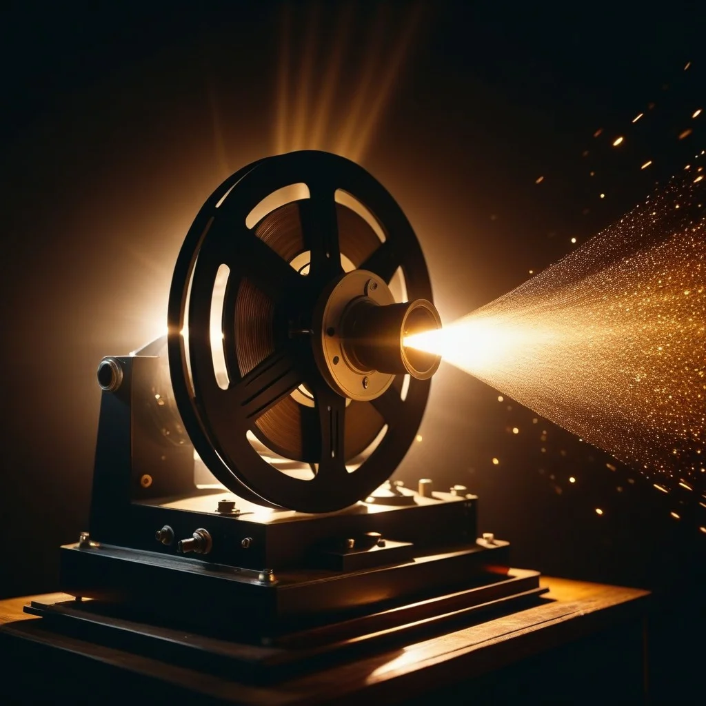 Close-up of a vintage 16mm film projector reel spinning rapidly, with light flares and dust particles dancing in the beam, set against a dark, moody background.