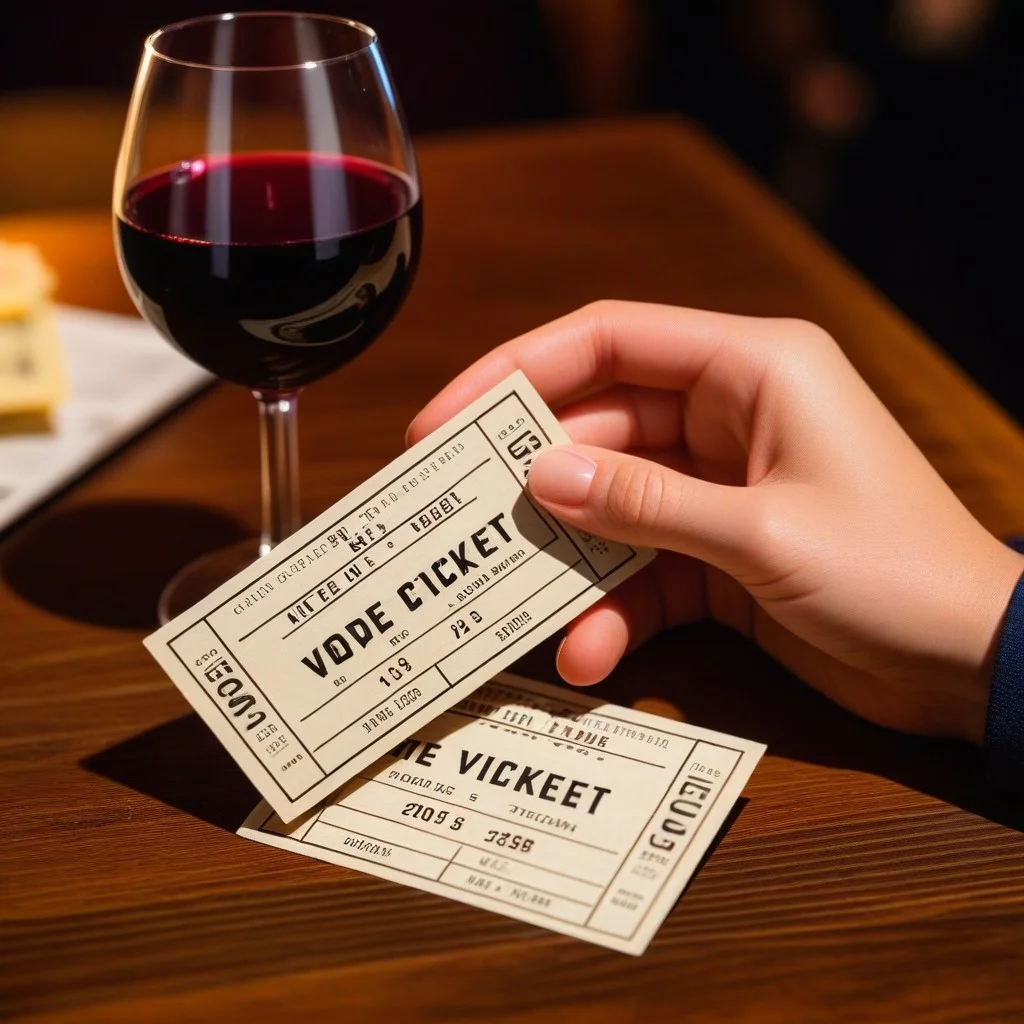 A detailed shot of a pair of hands holding a vintage movie ticket stub with perforated edges, resting on a wooden table next to a glass of red wine, evoking a cozy, intimate cinema atmosphere.