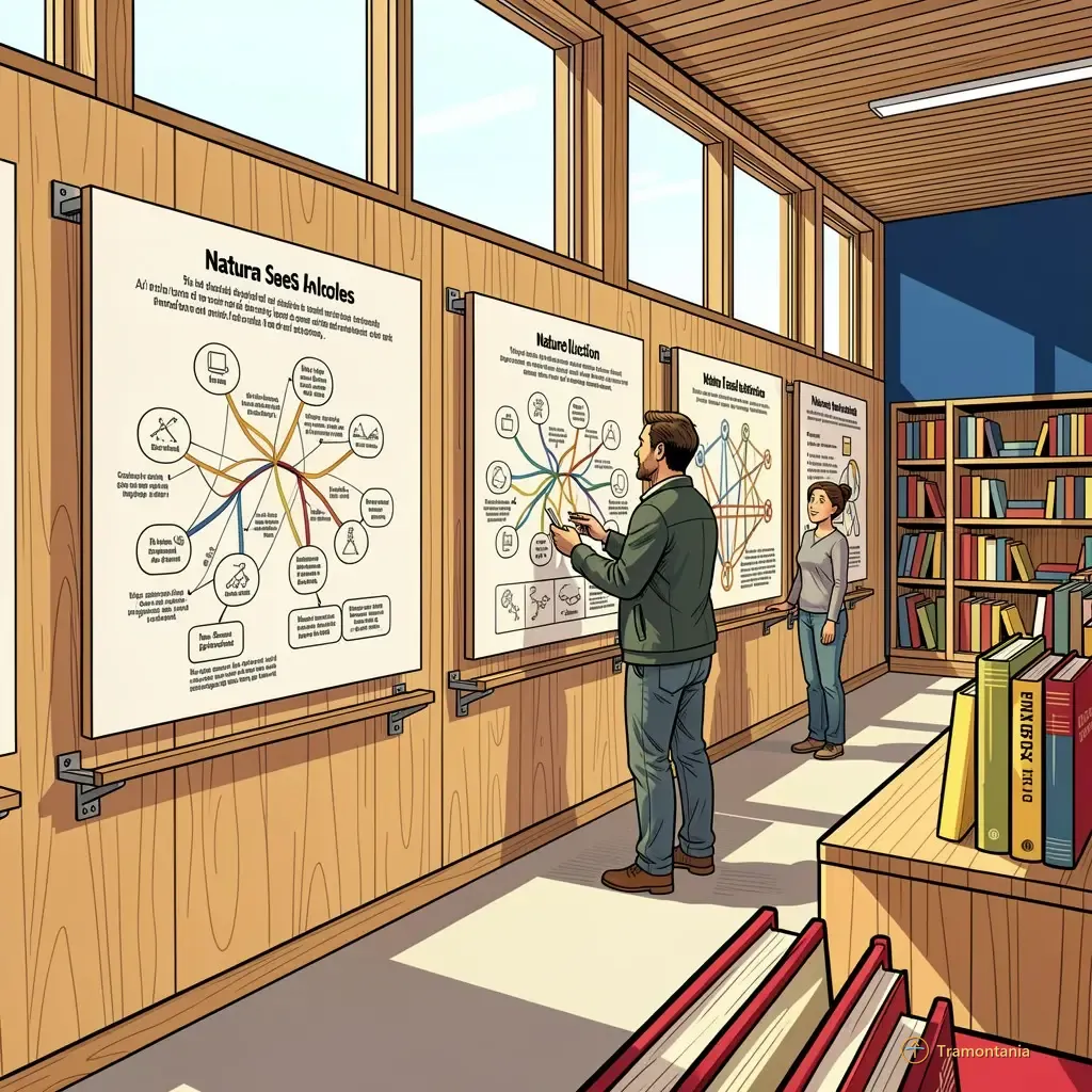 Des panneaux illustrant la sélection naturelle sont accrochés au mur clair de la bibliothèque où deux personnes étudient les arbres évolutifs