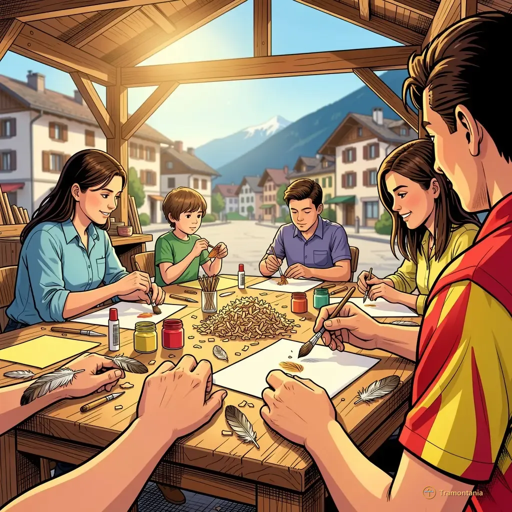 Des adultes et des enfants travaillent ensemble dans un atelier couvert avec divers matériaux naturels disposés sur les tables