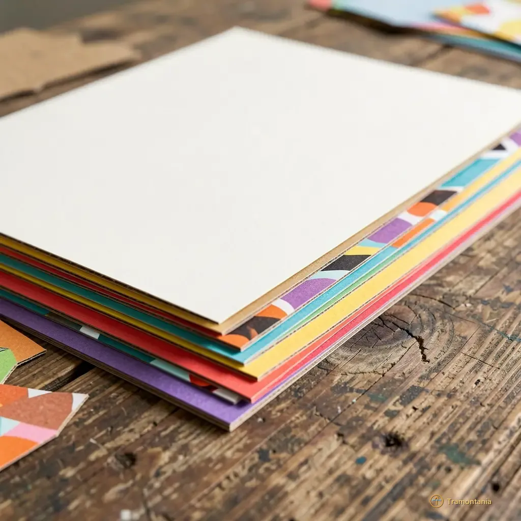 Nino, l'âne de Tramontania — A detailed close-up of a stack of colorful art paper cutouts and patterned craft materials (like cardstock or thin cardboard) arranged on an aged, rough wooden table surface. The focus is entirely on the texture and edges of the layered papers; no text visible anywhere. 2D comic book style illustration.